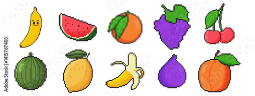 8 bit fruit icon set. Pixel art object. Old school computer graphic style.