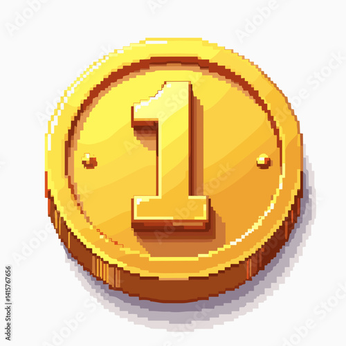 Pixelated gold coin with the number one in vibrant colors  