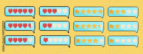 Pixel art retro star and like rating icon set in 8 bit style. Retro 80s,90s video game graphics.