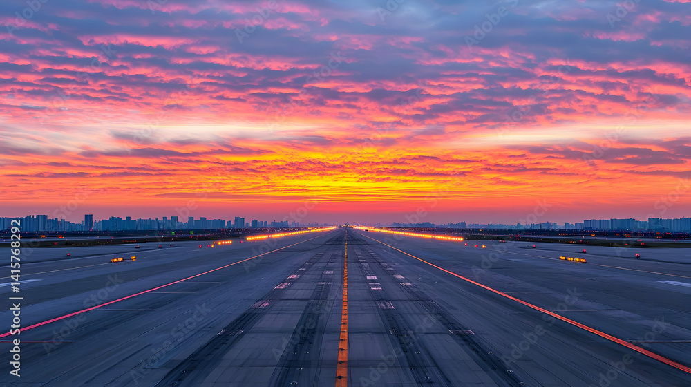 Naklejka premium Airport Runway at Sunrise with Colorful Sky