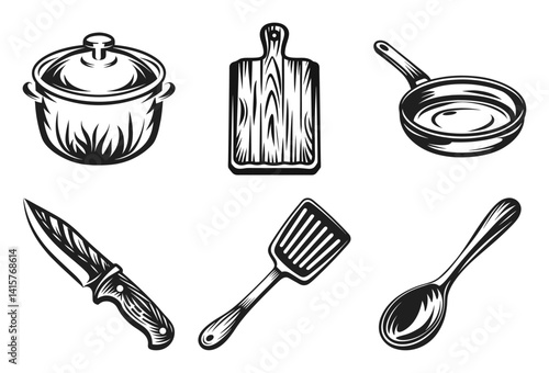 Kitchen Essentials Silhouette Vector Set in Black and White
