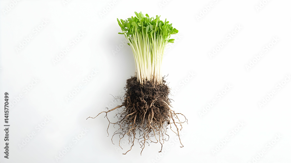 Fototapeta premium Fresh Pea Sprouts With Roots On White Background