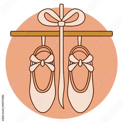 Ballet shoes with ribbons hanging in pastel round frame