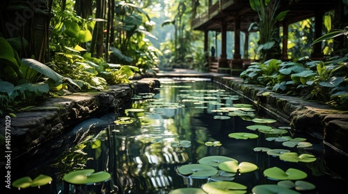 Pond with lily pads and lush vegetation