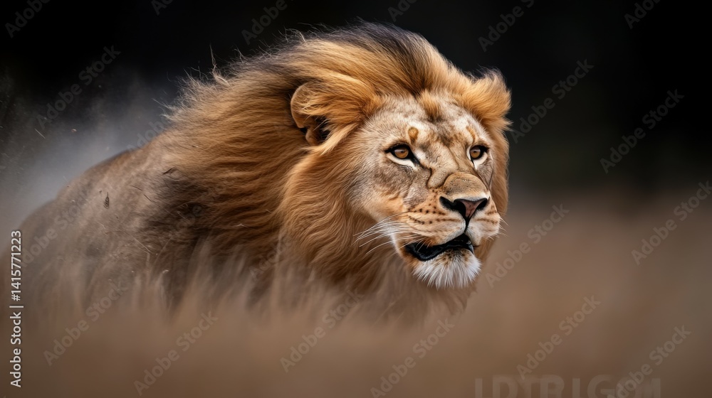 A powerful lion roaring in the tall grass of the savannah at dawn. A powerful lion roaring in the tall grass of the savannah at dawn.