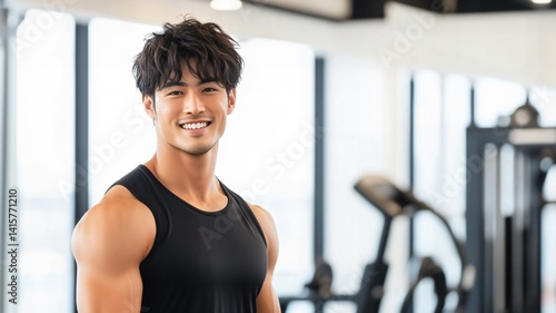 日本人 男性 アジア人 ムキムキ 筋肉 パーソナル トレーナー スマイル ジム バストショット 黒 灰色 白 背景