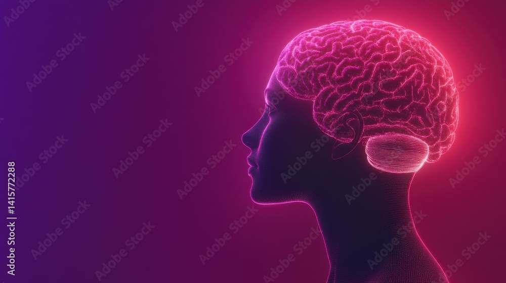Profile of a human head showcasing a visible brain radiating vibrant lights and energy, symbolizing imagination, creativity, and intelligence in a captivating and dynamic way Profile of a human head showcasing a visible brain radiating vibrant lights and energy, symbolizing imagination, creativity, and intelligence in a captivating and dynamic way