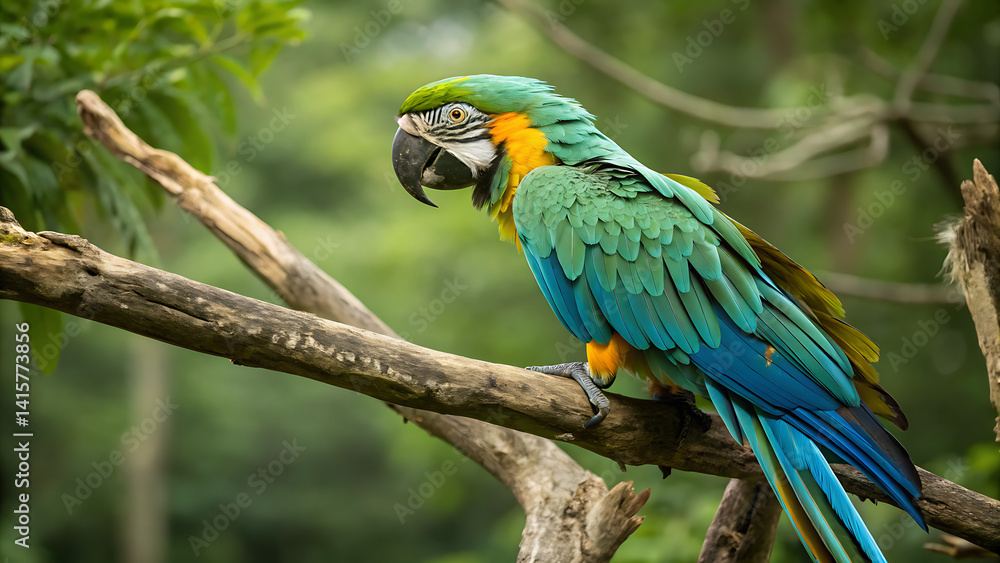 Obraz premium Portrait close up of colorful Scarlet Macaw parrot in Mexico against green natural background. Love parrots. Ara chloroptera parrot, a member of a large group of Neotropical parrots called macaws