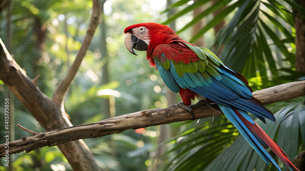 Obraz premium Portrait close up of colorful Scarlet Macaw parrot in Mexico against green natural background. Love parrots. Ara chloroptera parrot, a member of a large group of Neotropical parrots called macaws