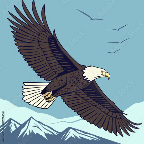 Majestic Bald Eagle in Flight with Blue Sky Backdrop