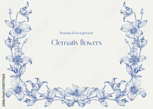 Toile art Vector vintage floral background, flowering frame in blue and beige. Delicate Clematis flowers and leaves engraved elements. Hand drawn illustration for design greeting card, wedding decor