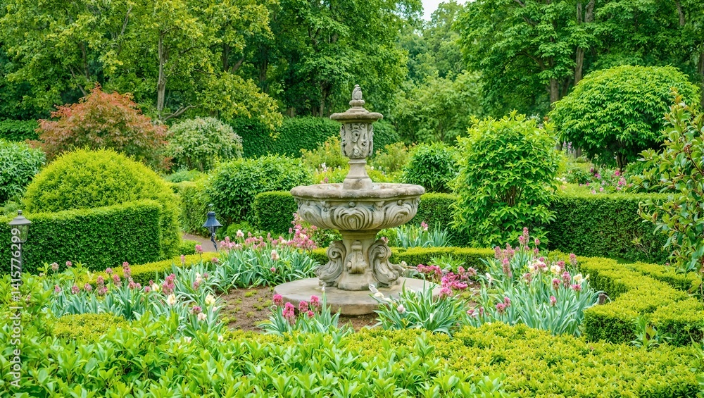 Tranquil English garden with elegant fountain intricate carvings and vibrant flowers framed by meticulously trimmed hedges Tranquil English garden with elegant fountain intricate carvings and vibrant flowers framed by meticulously trimmed hedges