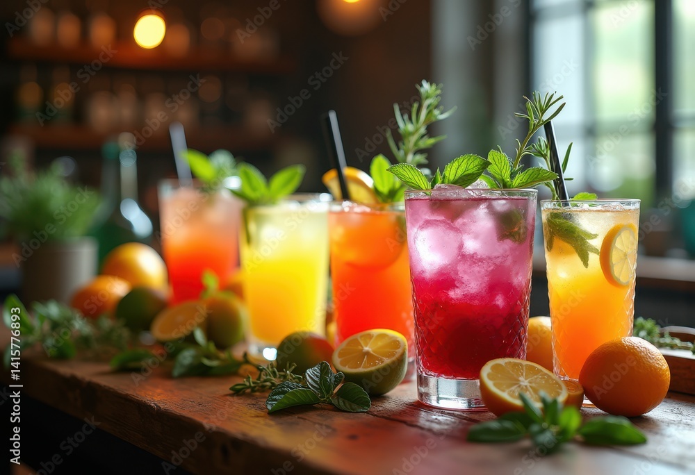 Fototapeta premium vibrant cocktail ingredients assorted glassware fresh citrus herbs wood bar top, drink, fruit, bitters, shaker, elixir, mint, lemon, orange, berry