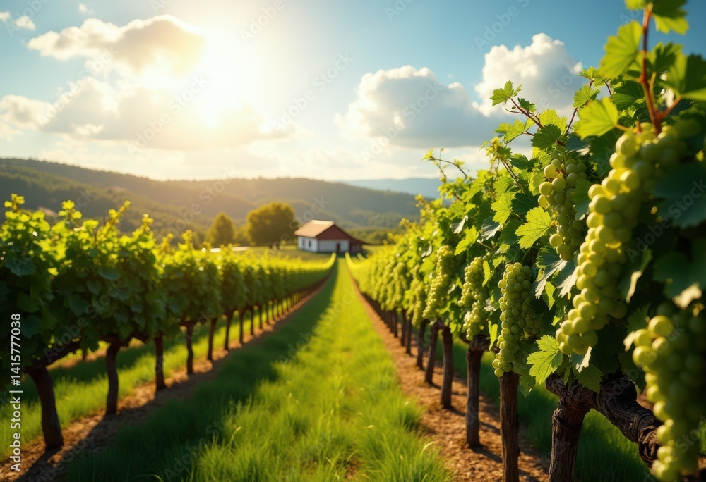 Naklejka premium picturesque vineyard rows golden sunlight grapevines lush green fields rural landscape scenic beauty, crops, farm, nature, horizon, harvest, agriculture