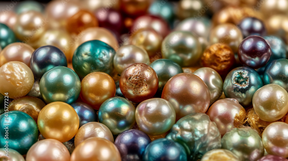 Close-up of lustrous pearls in various iridescent colors, showcasing a luxurious and elegant texture, representative of wealth, beauty, and sophistication Close-up of lustrous pearls in various iridescent colors, showcasing a luxurious and elegant texture, representative of wealth, beauty, and sophistication