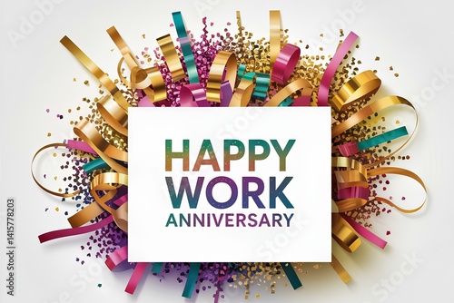festive flat lay of colorful streamers, confetti, and card saying Happy Work Anniversary, cheerful decoration for business holiday greeting invitation card gift with ornament art