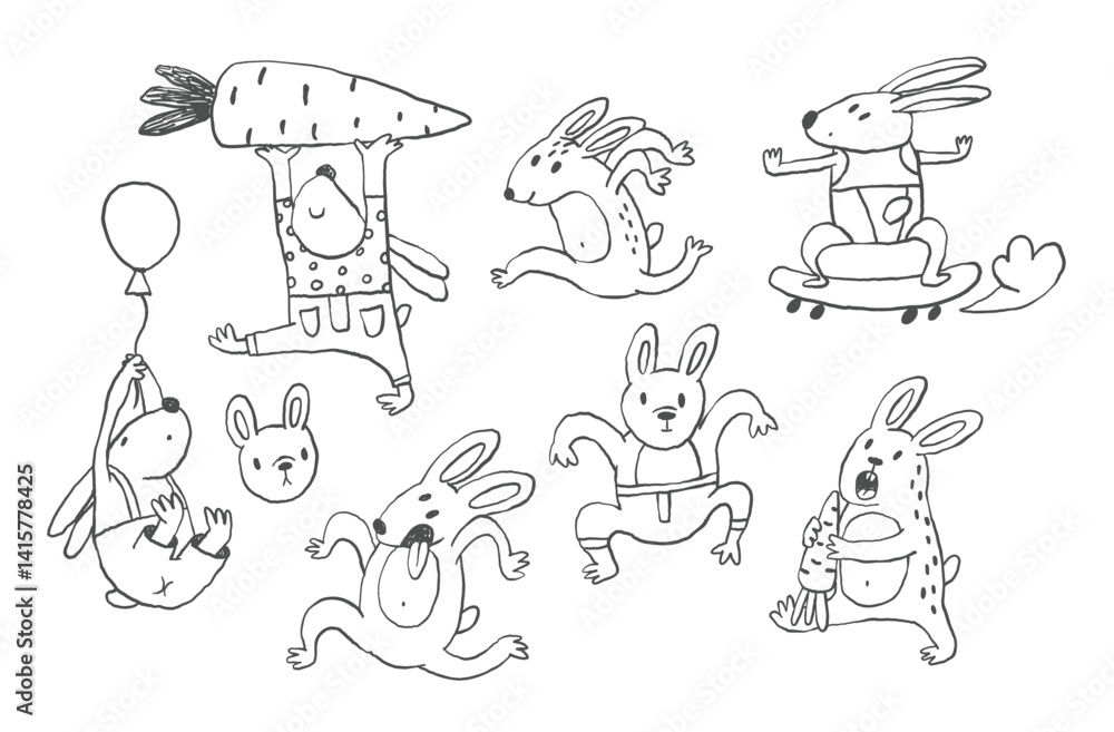 Funny cartoon bunny character in doodle style, whimsical rabbit outline Funny cartoon bunny character in doodle style, whimsical rabbit outline