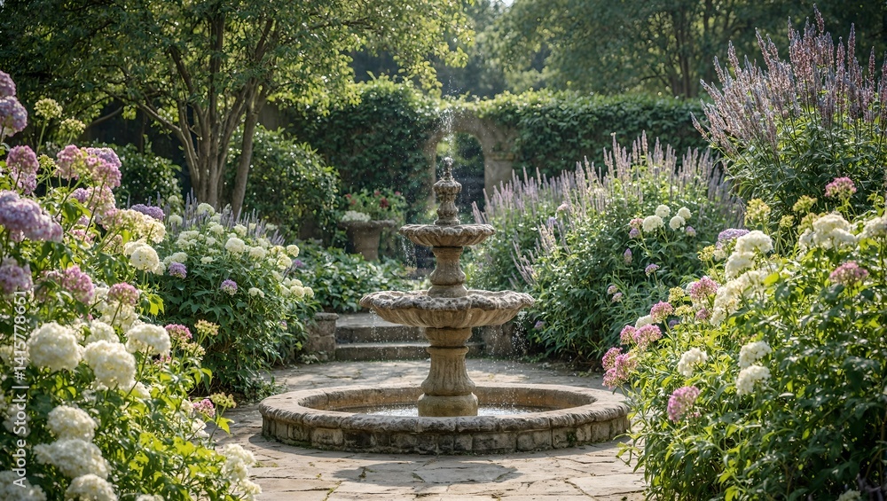 Discover tranquility in a charming garden oasis with a vintage stone fountain and vibrant hydrangeas under the suns enchanting glow Discover tranquility in a charming garden oasis with a vintage stone fountain and vibrant hydrangeas under the suns enchanting glow