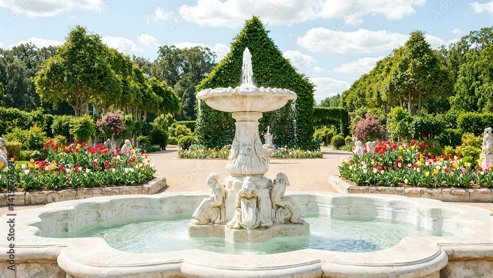 Elegant marble fountain with cascading water framed by manicured rose gardens and colorful tulips under a clear blue sky
