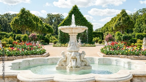Obraz na płótnie Elegant marble fountain with cascading water framed by manicured rose gardens and colorful tulips under a clear blue sky w salonie