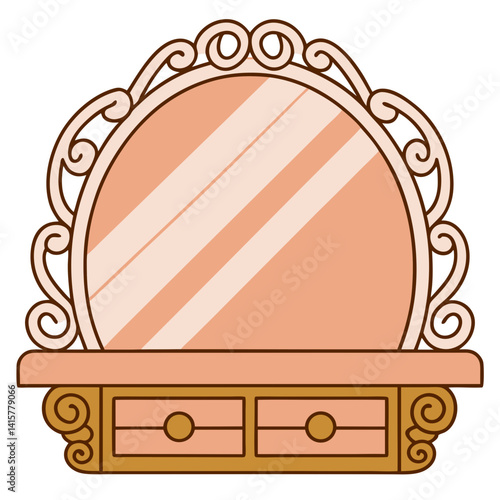 Ornate vanity mirror with drawers in pastel illustration