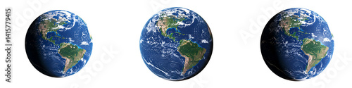 Three views of planet earth showing north and south america on Transparent Background