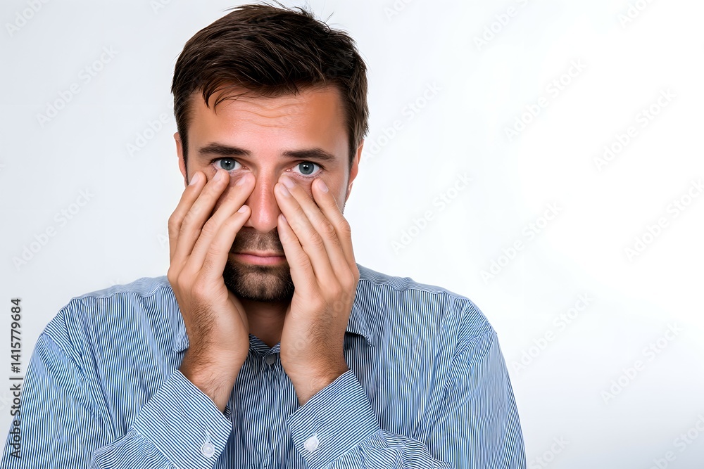 Man with hands over face expresses distress. Man with hands over face expresses distress.