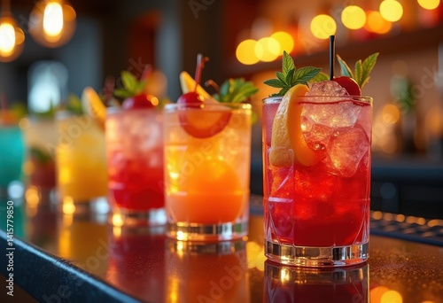 vibrant colorful cocktail glasses elegant bar counter decorative garnishes reflective surface, beverage, reflection, drink, spirits, liquor, party, mocktail