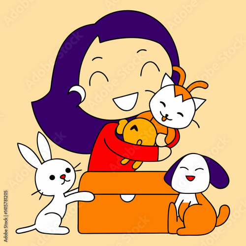 Charming chibi animal caretaker with cute pets, radiating joy and love for animals