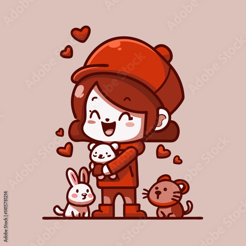 Charming chibi animal caretaker with cute pets, radiating joy and love for animals