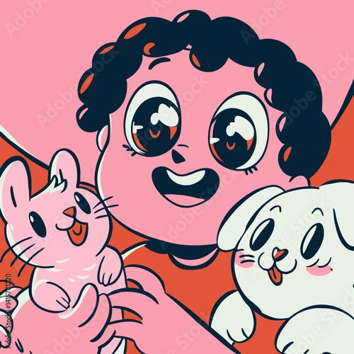 Charming chibi animal caretaker with cute pets, radiating joy and love for animals