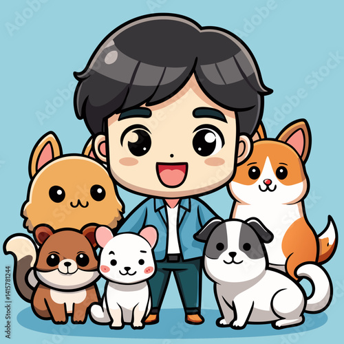 Charming chibi animal caretaker with cute pets, radiating joy and love for animals
