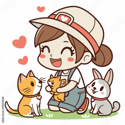 Charming chibi animal caretaker with cute pets, radiating joy and love for animals