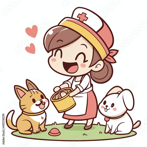 Charming chibi animal caretaker with cute pets, radiating joy and love for animals