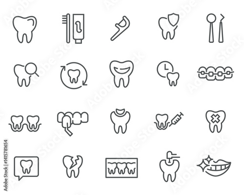 Editable Linear Style Dentistry Icons Vector Set This set features vector icons for teeth, dental procedures, X-rays, implants, and much more. All icons are editable and ready to use
