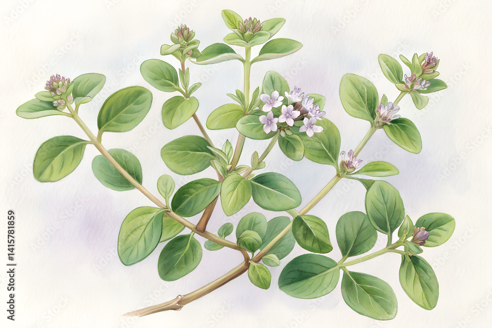 Fototapeta premium Herb with Green Leaves and Small Flowers