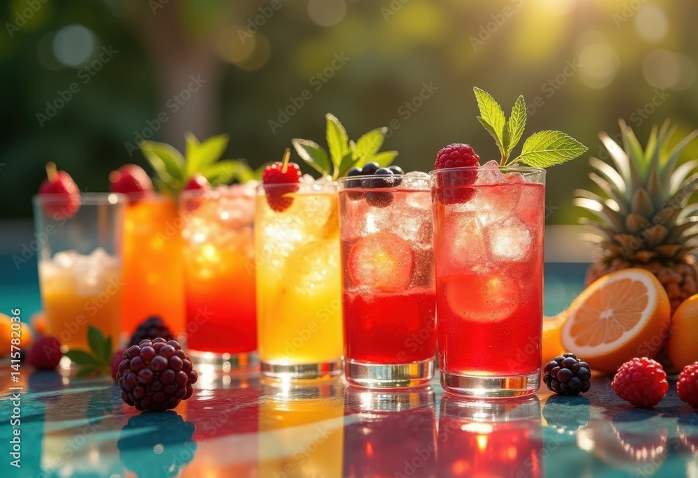 vibrant colorful mocktail selection fresh fruit garnishes refreshing beverages summer party delight, drink, tropical, kiwi, pineapple, berry, lemon, orange vibrant colorful mocktail selection fresh fruit garnishes refreshing beverages summer party delight, drink, tropical, kiwi, pineapple, berry, lemon, orange