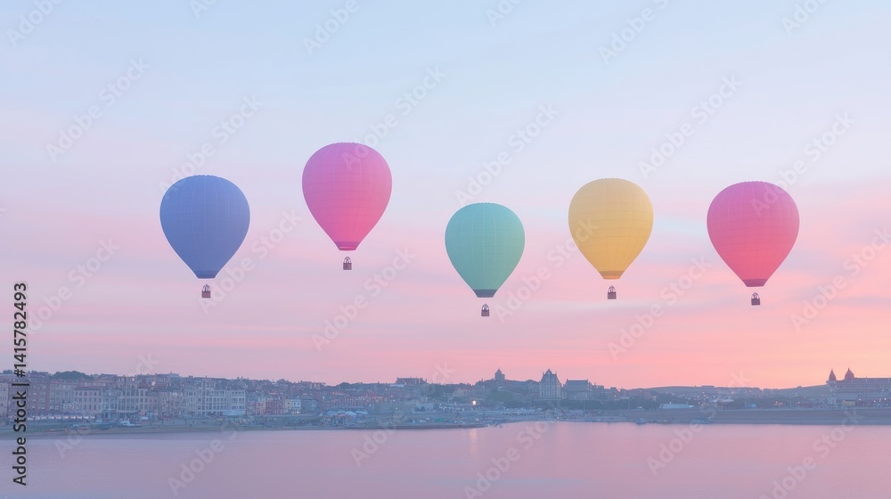 Obraz premium Colorful hot air balloons over a calm waterfront city at sunrise