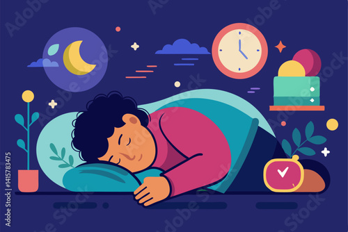 8-hour sleep concept image. Wellness and healthy night rest vector illustration