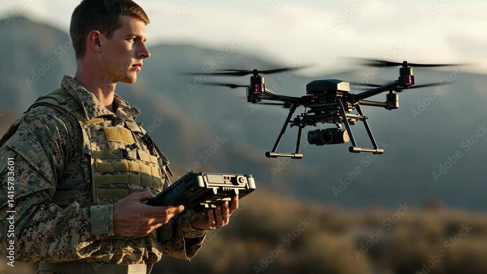 Soldier operates drone during military operations in rugged terrain at dusk, Drone in war Soldier controlling a drone Soldier operates drone during military operations in rugged terrain at dusk, Drone in war Soldier controlling a drone