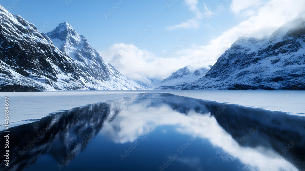 Obraz premium A snow-covered mountain pass with frozen waterfalls cascading down the cliffs, surrounded by snow-covered pine trees.