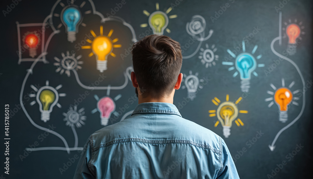 Back view of man looking at light bulbs on blackboard. Concept of creative thinking innovative idea generation. Concept of business solution brainstorming. New tech concepts for company development. Back view of man looking at light bulbs on blackboard. Concept of creative thinking innovative idea generation. Concept of business solution brainstorming. New tech concepts for company development.