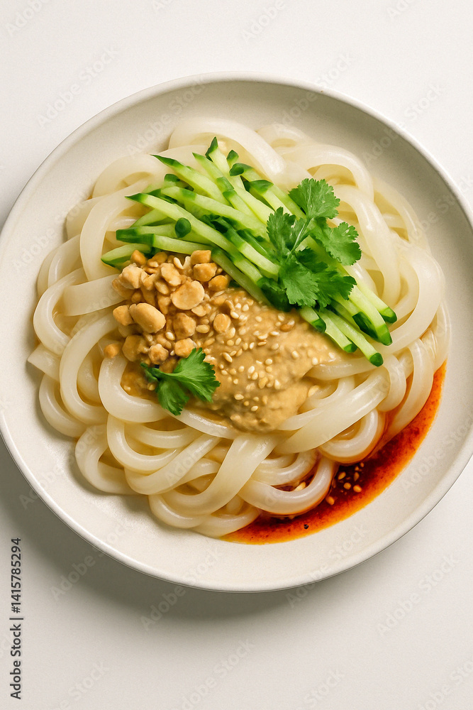 Chinese wide rice noodles with peanut sauce, cucumber, cilantro, and chili oil on a white plate – minimalist food photography Chinese wide rice noodles with peanut sauce, cucumber, cilantro, and chili oil on a white plate – minimalist food photography