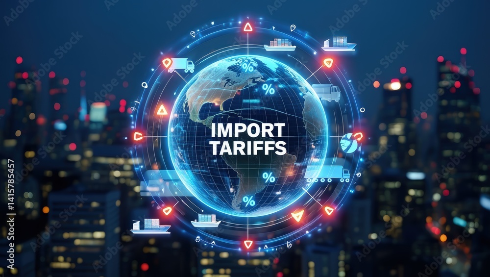 Import tariffs increase concept with global trade symbols. Import tariffs increase concept with global trade symbols.