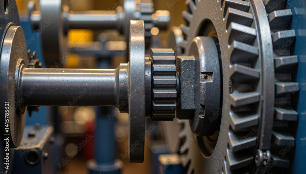 Detailed cogwheel in motion against industrial backdrop, machinery concept Detailed cogwheel in motion against industrial backdrop, machinery concept