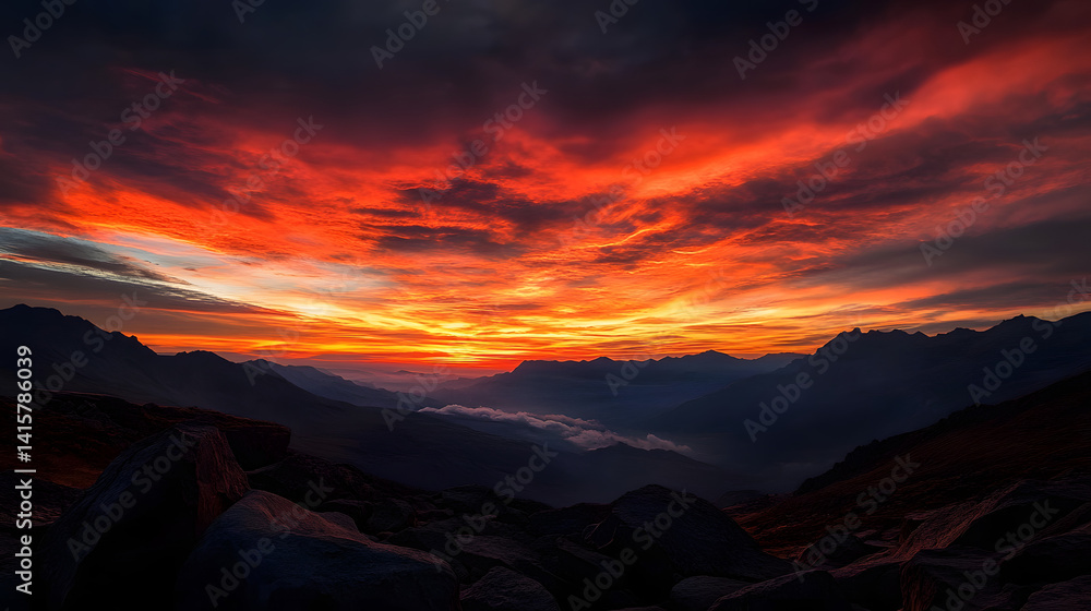 Fototapeta premium A spectacular mountain sunset with clouds illuminated in fiery reds and oranges, casting shadows on the rocky terrain.