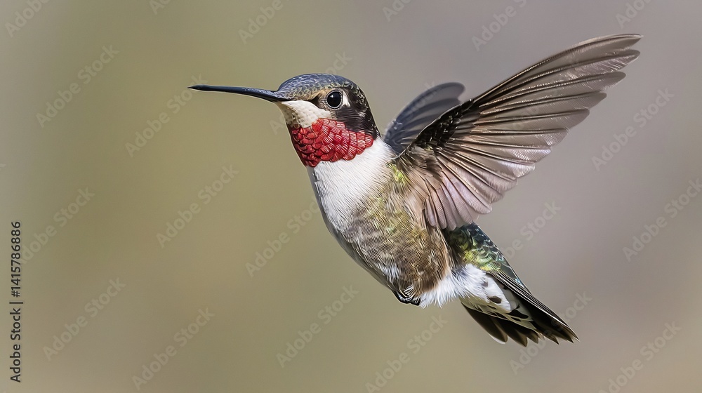 Fototapeta premium Vibrant hummingbird captured in mid flight its iridescent feathers shining brilliantly under the sunlight