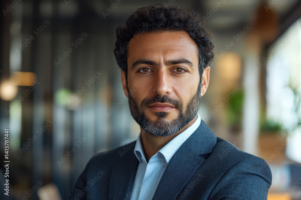Fototapeta premium Professional man with curly hair and beard poses confidently in a modern office setting during daytime, showcasing his sharp business attire and calm demeanor