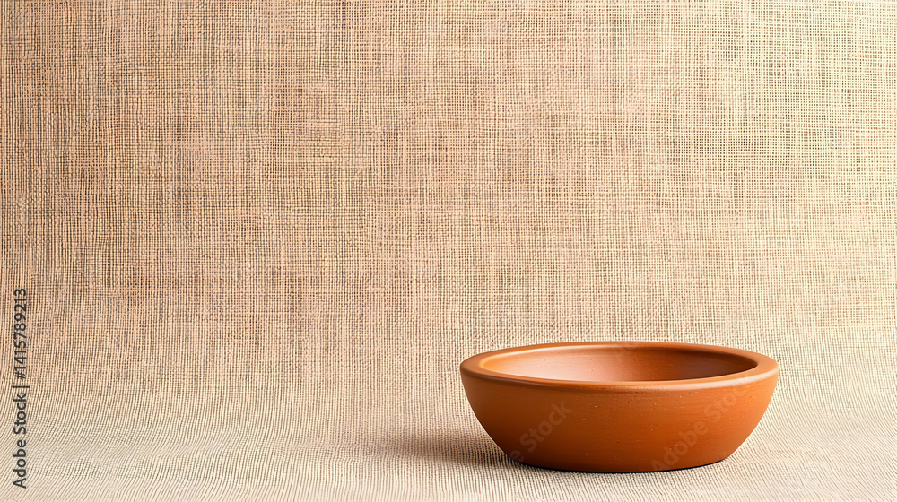 Terracotta Bowl On Linen Fabric Background Terracotta Bowl On Linen Fabric Background