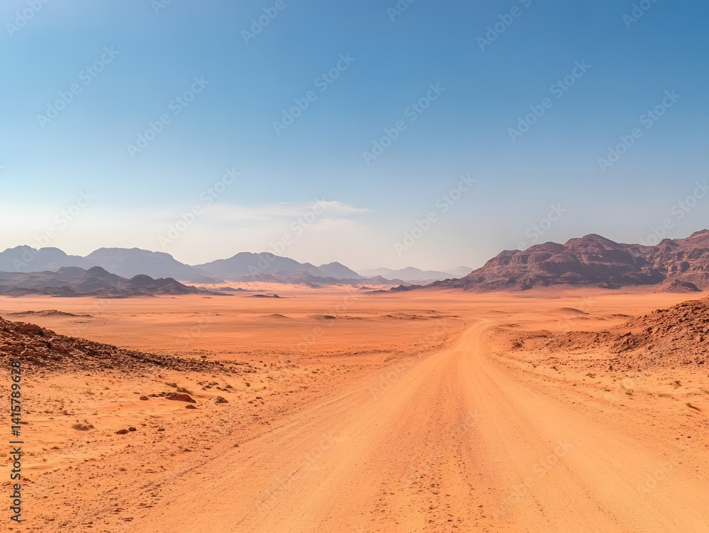 A vast desert landscape stretches out under a clear blue sky with a dirt road leading straight into the horizon, exuding a sense of adventure and isolation A vast desert landscape stretches out under a clear blue sky with a dirt road leading straight into the horizon, exuding a sense of adventure and isolation